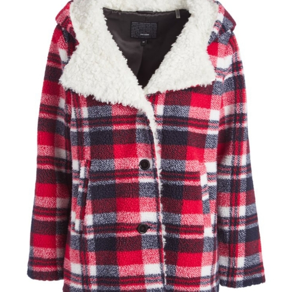 Steve Madden Red Plaid Sherpa Trim Coat - Picture 2 of 3